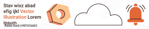 Technology, cloud services, data storage, alerts, notifications, communication. A cloud and bell symbol with text. Technology and cloud services concept
