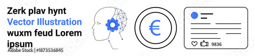 Artificial intelligence, digital currency, finance, social media, neural networks, online interaction. Human head with gear, Euro sign and card with stats. Artificial intelligence and digital
