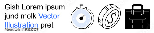 Time management, financial planning, business organization, productivity, corporate tools, project planning. Minimalist icons of a stopwatch, dollar coin and briefcase. Time management and financial