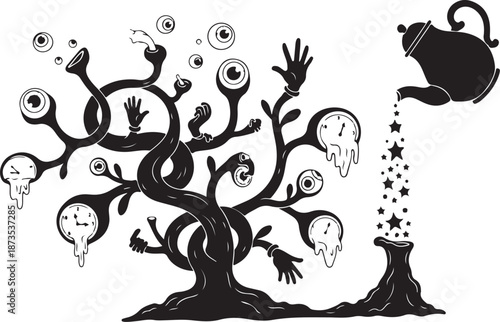 Whimsical tree with eyes and hands and teapot pouring stars