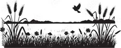 Serene landscape silhouette with bird and water flowers grass