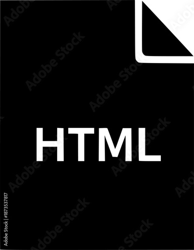 Black file/document icon with HTML label – minimalist flat vector graphic
