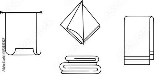 Minimalist line icons: hanging paper, cloth napkin, towels and folded towel
