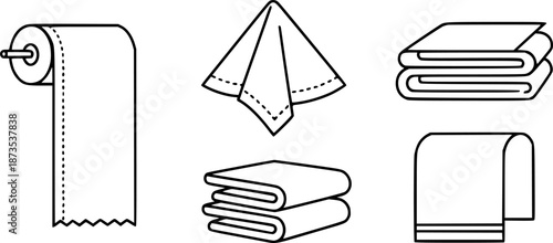 Minimalist line icons: hanging paper, cloth napkin, towels and folded towel
