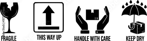 a collection of four black shipping symbols depicting fragile this way up handle with care and keep dry on transparent background silhouette
