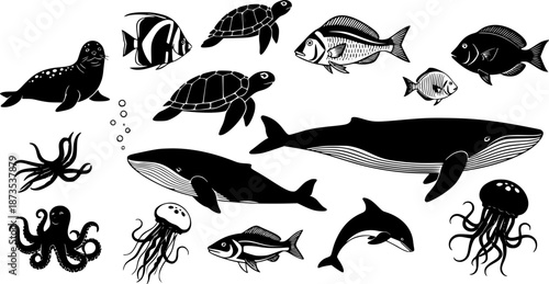 a collection of marine life icons including a seal turtle fish squid whale jellyfish dolphin and octopus silhouette on transparent background high quality professional detailed modern