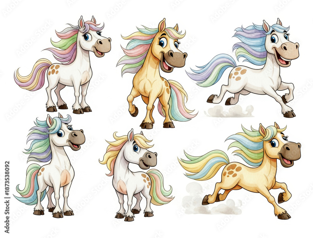 Obraz premium Charming cartoon horses rendered in watercolor, boasting lively facial expressions and elegantly cascading manes, all in delicate pastel shades