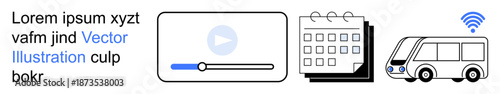 Online schedules, transport planning, multimedia streaming, mobility services, connectivity, and travel booking. Play button, calendar bus with wireless icon. Online schedules and transport planning