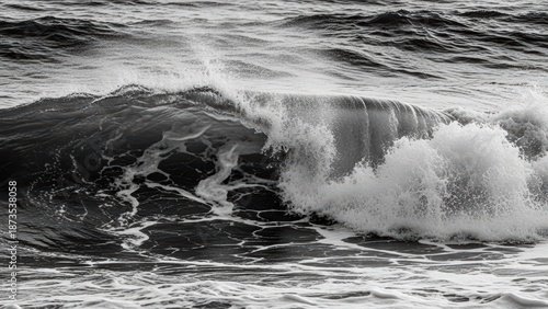 High-contrast black and white photograph of crashing ocean waves creating dynamic abstract shapes.