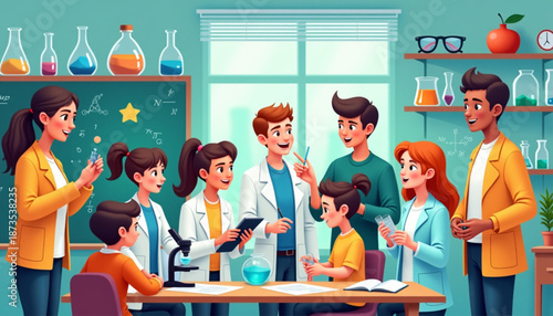 STEM Education Classroom Vector Illustration with Students and Teachers Learning Science