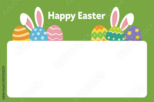  easter banner with rabbit ears and eggs on green background
