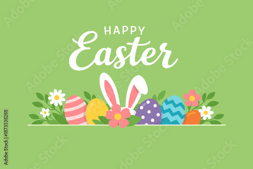  easter banner with rabbit ears and eggs on green background