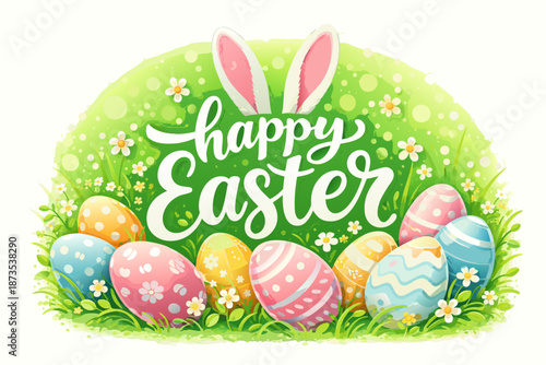  easter banner with rabbit ears and eggs on green background