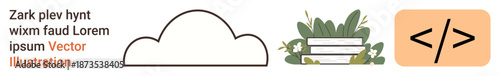 Cloud computing, digital education, coding, online platforms, data storage, technology innovation. A cloud outline, books with greenery and a code symbol. Cloud computing and digital education