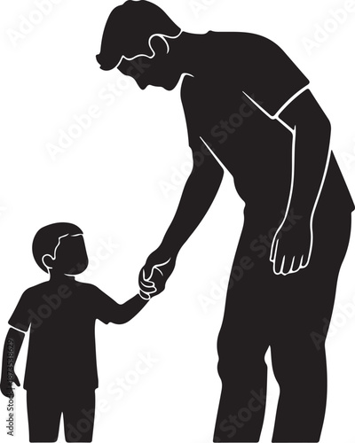 Silhouette of a man and a little boy holding hands