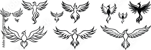 Phoenix Tattoo Silhouette of various winged creatures and birds in different flying positions