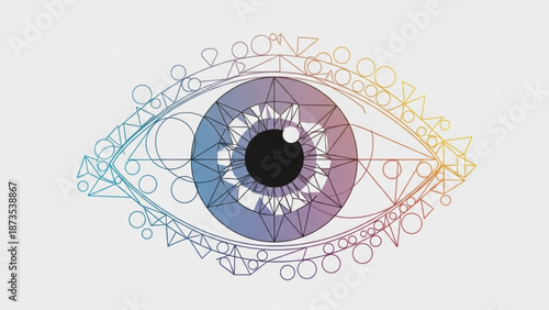 Abstract human eye made of geometric shapes, modern minimal design, clean background, soft gradient colors, futuristic concept, high detail, vector style, no text
