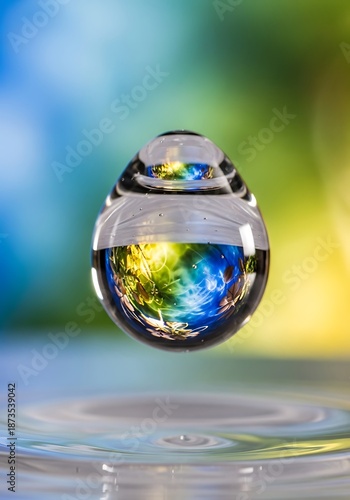 Polished glass sculpture featuring vibrant internal colors floats above liquid surface