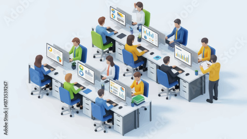 Group of people working together at computers in a modern office setting.