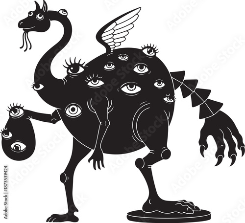Surreal black creature with multiple eyes and strange features