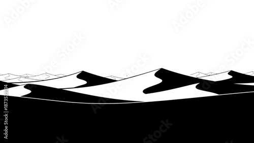 Serene landscape illustration of mountains and hills in black and white from a distant viewpoint