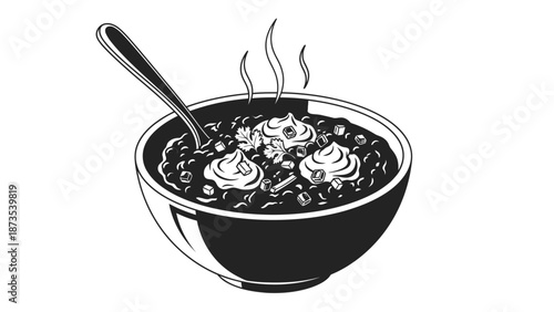 A steaming hot bowl of black bean soup with cream swirls and a spoon, viewed from directly above