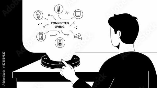 Man interacting with connected living technology on a device