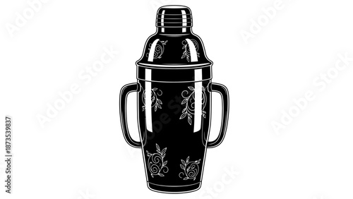 A black cocktail shaker with a silver design on a white background viewed from the front.
