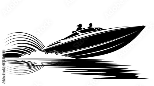 Speedboat speeding across the water with two people on board, illustrating a thrilling scene of modern water sports