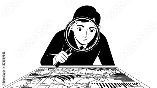 A woman examines a large map closely using a magnifying glass