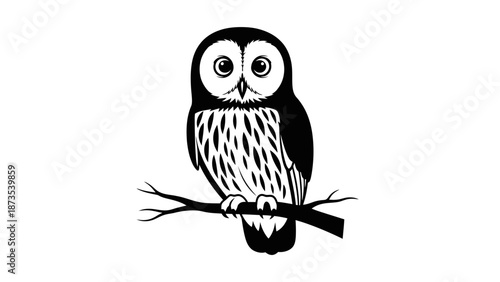 Owl perched on a branch in a serene forest, depicted in a simple black and white illustration