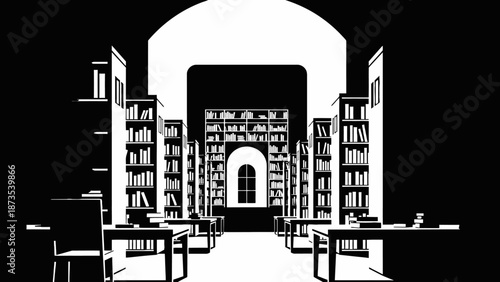 Illustration of a serene library interior with tables and bookshelves in a minimalist style
