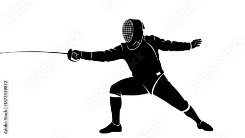 Fencer in action, poised with sword, ready to strike in a fencing match.