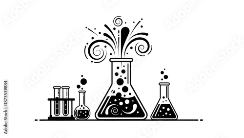 Laboratory equipment illustration showcasing various scientific instruments and experiments in a detailed black and white drawing.