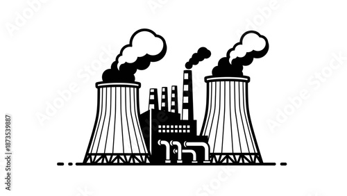 Industrial power plant with smokestacks emitting smoke, illustration of energy production facility