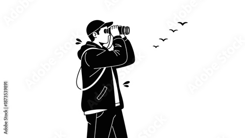 Man observing birds flying in the sky through binoculars with enthusiasm