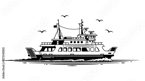 A tugboat sailing on calm waters with seagulls flying overhead, viewed from the side.