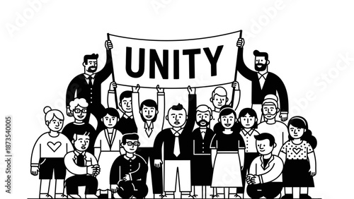 Diverse group of people standing together holding a unity banner
