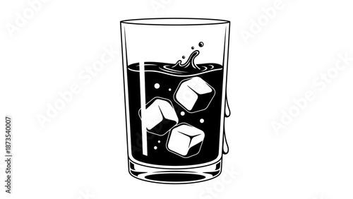 A glass of dark liquid with ice cubes, viewed from the side, against a white background