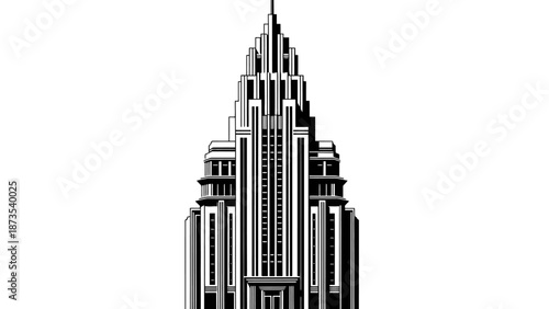 A stunning black and white illustration of the iconic skyscraper viewed from below against a white background