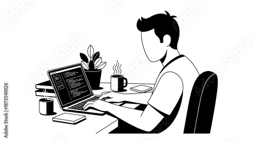 Man working on laptop at desk with office supplies and plants