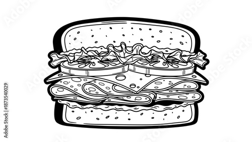 A detailed illustration of a sandwich with multiple layers viewed from the side