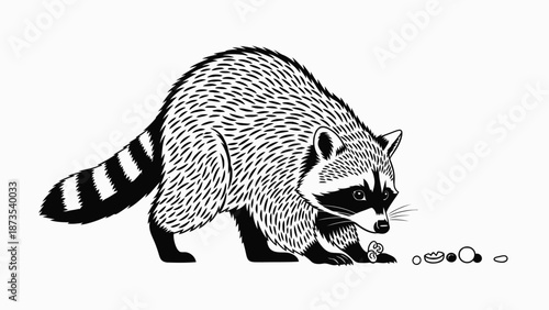 A raccoon foraging for food on the forest floor from a side view