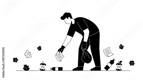 Man picking up trash on the ground with a bag