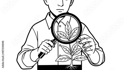 A person examining a plant through a magnifying glass