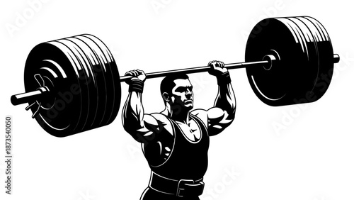 A muscular man lifting a heavy barbell overhead with both hands in a powerful stance