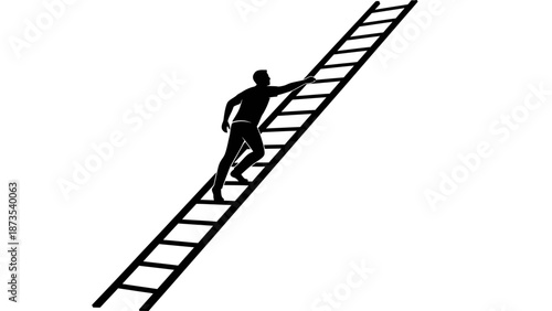 A person climbing a steep ladder upwards in a minimalist illustration
