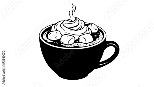 A steaming cup of coffee with whipped cream and marshmallows illustration