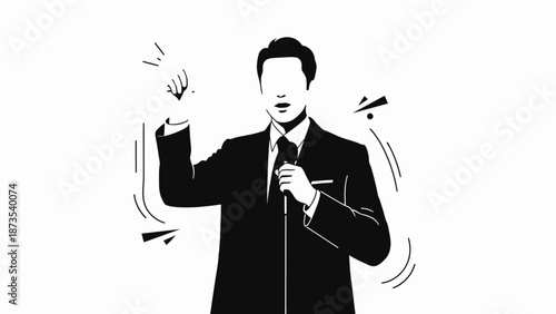 Man speaking into a microphone with gestures in a simple illustration