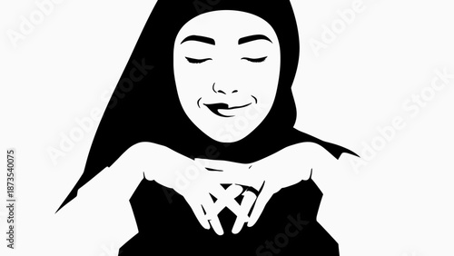 A smiling woman in a hijab forms a heart shape with her hands in front of her chest